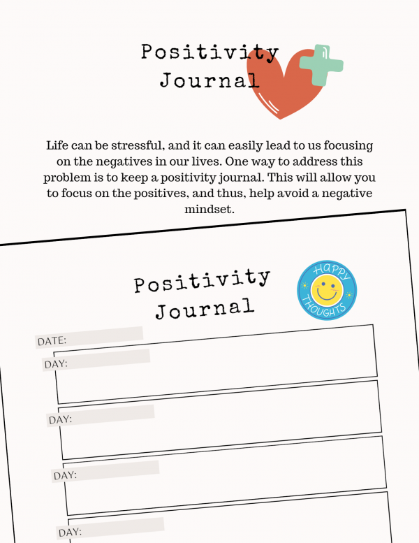 An image of two of the pages taken from the Positivity Journal, which are overlapping in the image