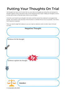 An image of the 'putting your thoughts on trial' worksheet