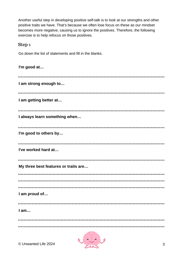 Third page to my Developing Positive Self-Talk workbook