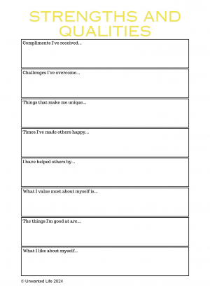An image of my Strengths and Qualities worksheet