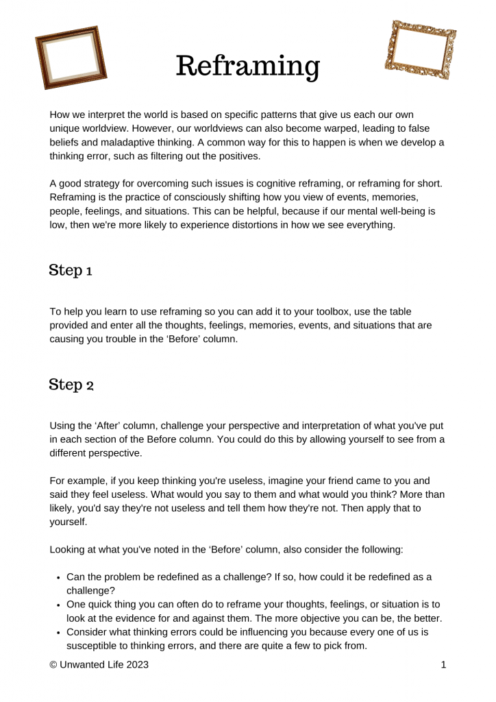 Front page of the Reframing mini workbook