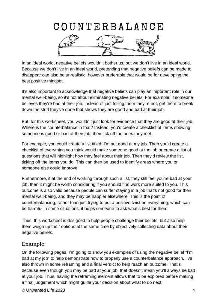 Front page of my counterbalance (thought challenge) mini-workbook